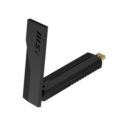 MSI BE6500 WiFi 7 USB adapter - angled view with the USB connector and antenna up