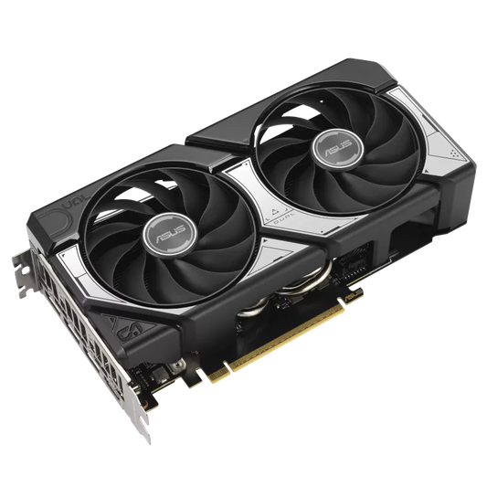 Black Asus Dual graphics card with two fans, heatpipes and PCIe edge connector visible
