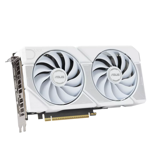 White Asus Dual graphics card with two fans, silver bracket and PCIe edge connector visible