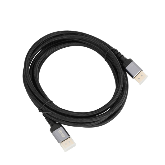 Lumivida DisplayPort 2.1 2M cable coiled, showing the nylon braid and gold-plated connectors