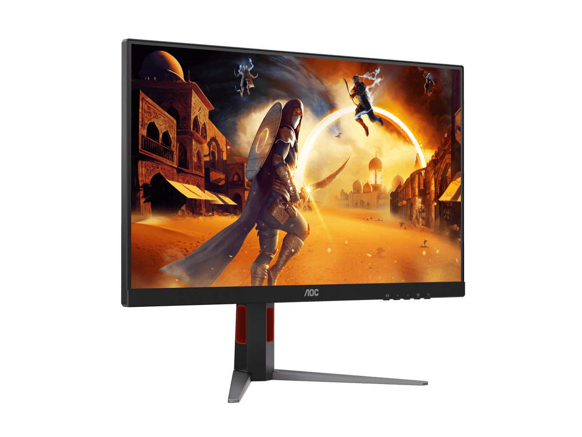 AOC gaming monitor angled to the front left on a green background, showing a fantasy game scene