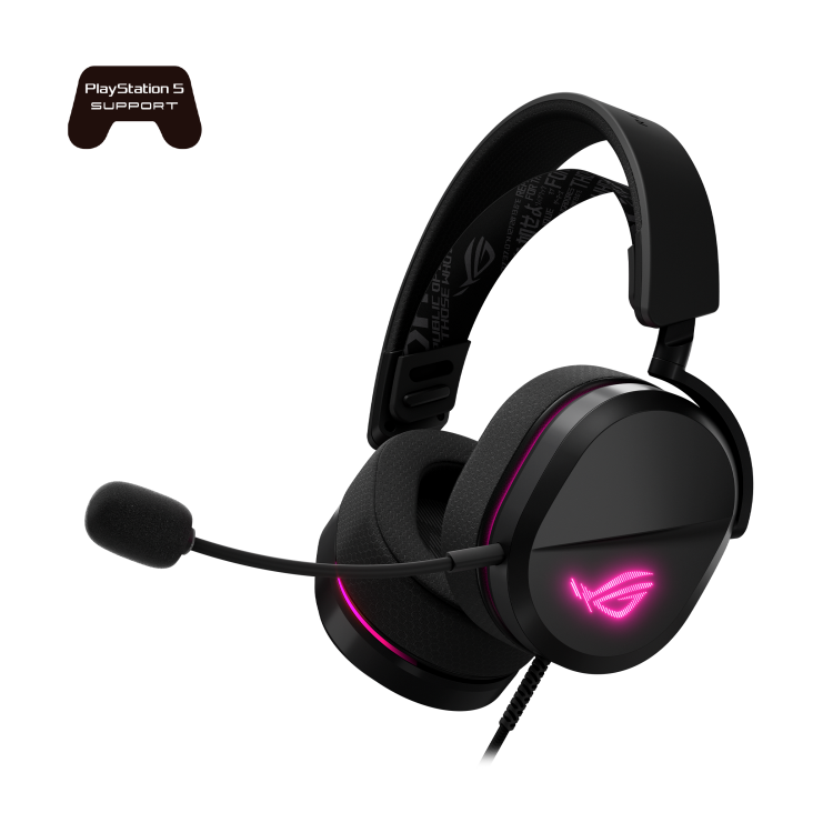 ROG Pelta Core gaming headset angled from the front right with the Aura Sync RGB logo and front ring lit