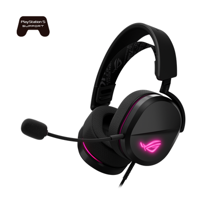 ROG Pelta Core gaming headset angled from the front right with the Aura Sync RGB logo and front ring lit