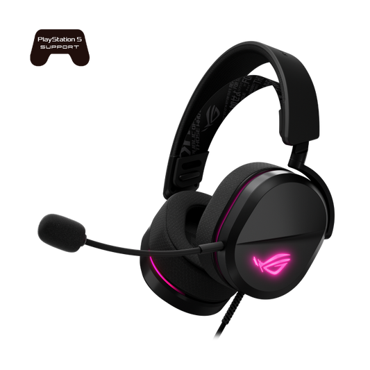 ROG Pelta Core gaming headset angled from the front right with the Aura Sync RGB logo and front ring lit