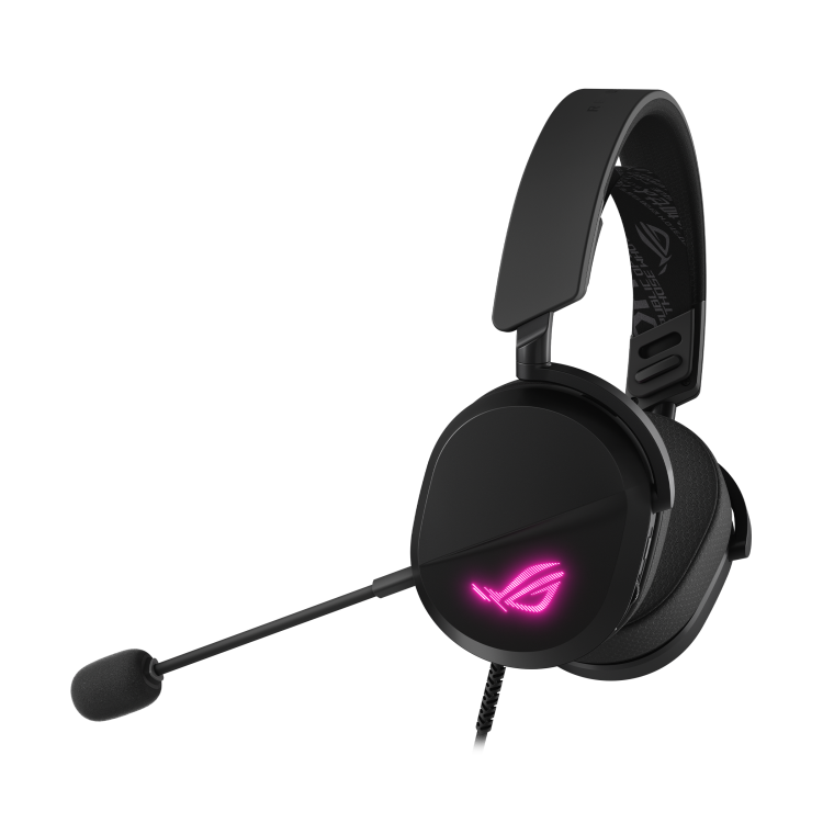 ROG Pelta Core gaming headset side profile showing the elastic headband and the mesh fabric ear cushion