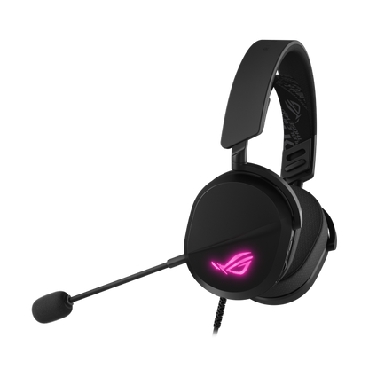 ROG Pelta Core gaming headset side profile showing the elastic headband and the mesh fabric ear cushion