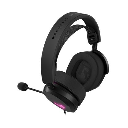 ROG Pelta Core gaming headset viewed from above showing the three-level adjustable elastic headband