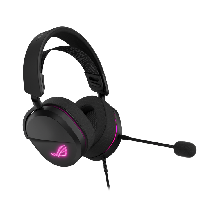 ROG Pelta Core gaming headset angled from the front left showing the earcup controls and the boom microphone