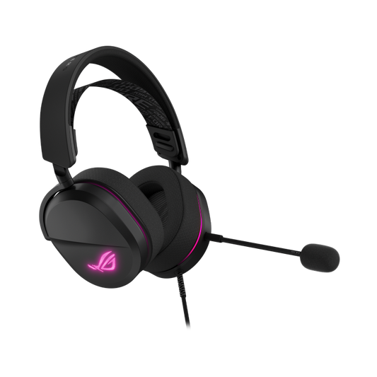 ROG Pelta Core gaming headset angled from the front left showing the earcup controls and the boom microphone