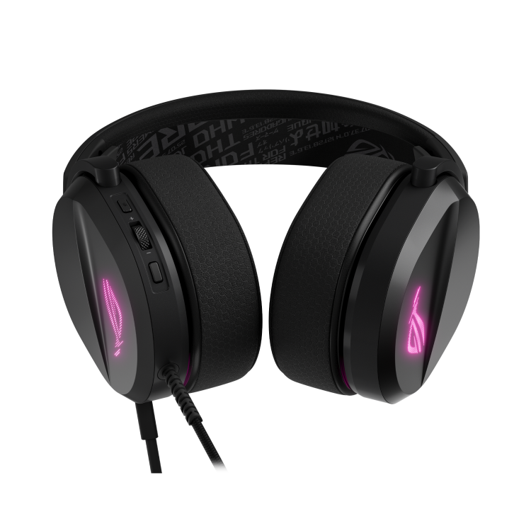 ROG Pelta Core gaming headset from behind and below showing both earcups, the RGB rings and the USB-C cable