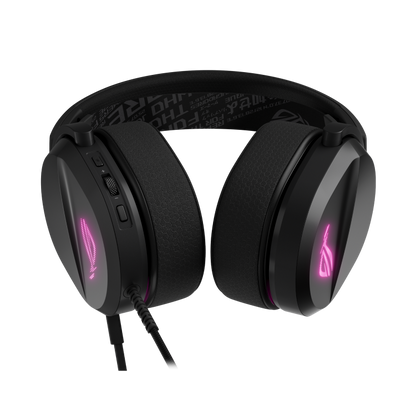 ROG Pelta Core gaming headset from behind and below showing both earcups, the RGB rings and the USB-C cable