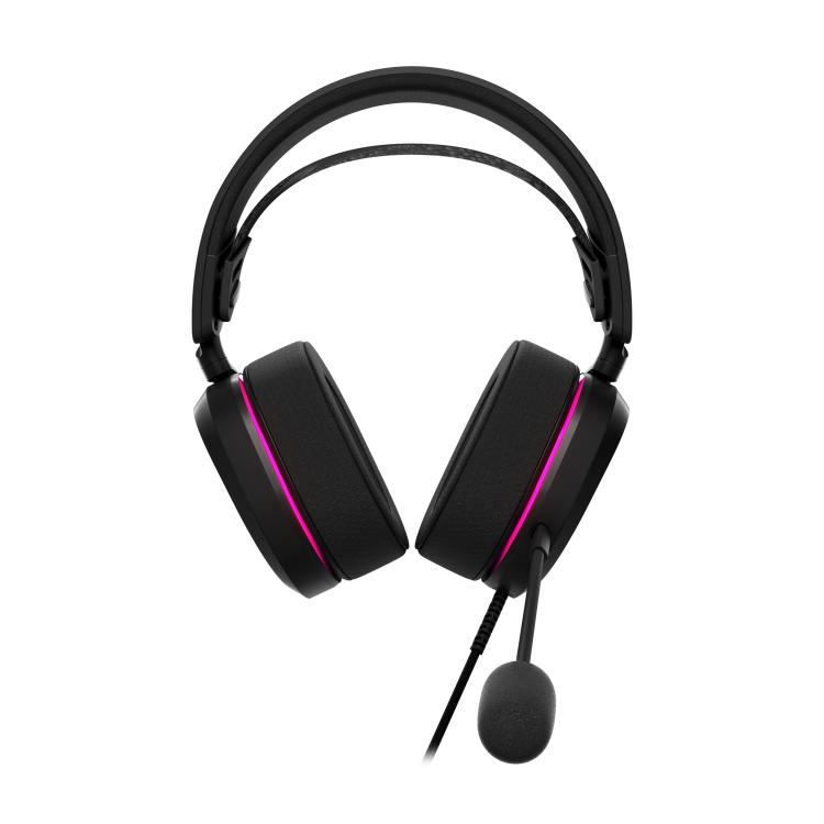 ASUS ROG Pelta Core wired USB-C gaming headset straight-on front view with the ROG logo on each earcup and the detachable boom microphone