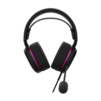 ASUS ROG Pelta Core wired USB-C gaming headset straight-on front view with the ROG logo on each earcup and the detachable boom microphone
