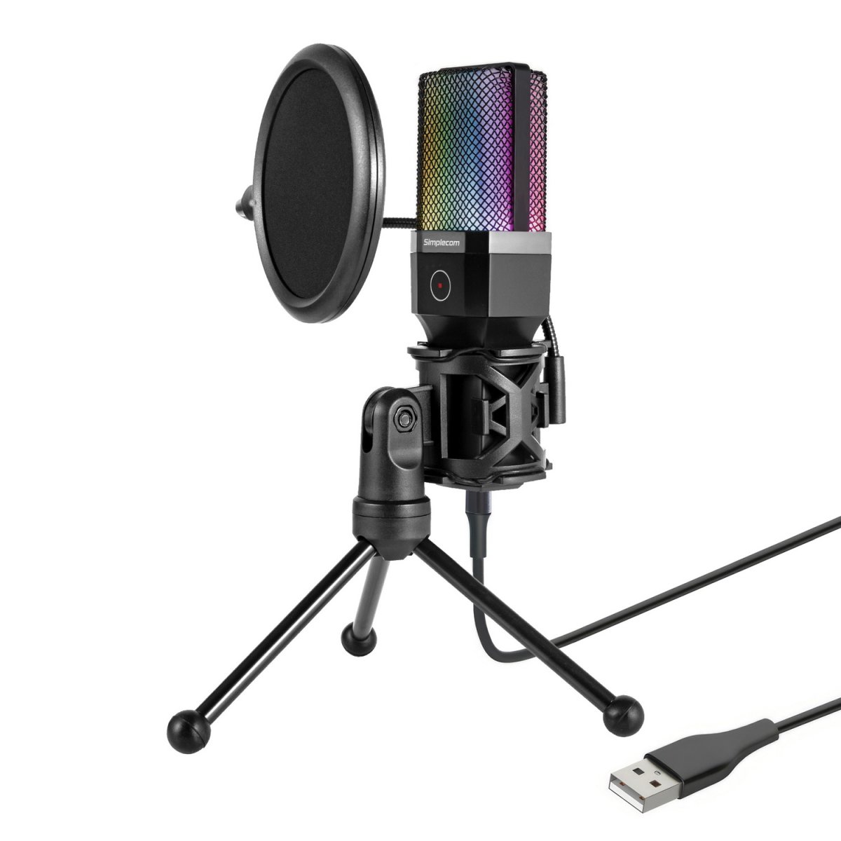 Simplecom UM650 USB condenser microphone on its tripod stand with the pop filter fitted