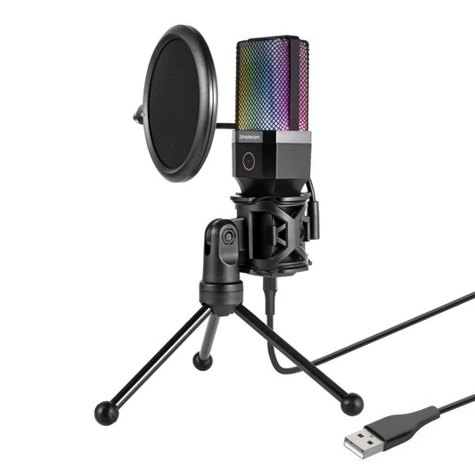Simplecom UM650 USB condenser microphone on its tripod stand with the pop filter fitted