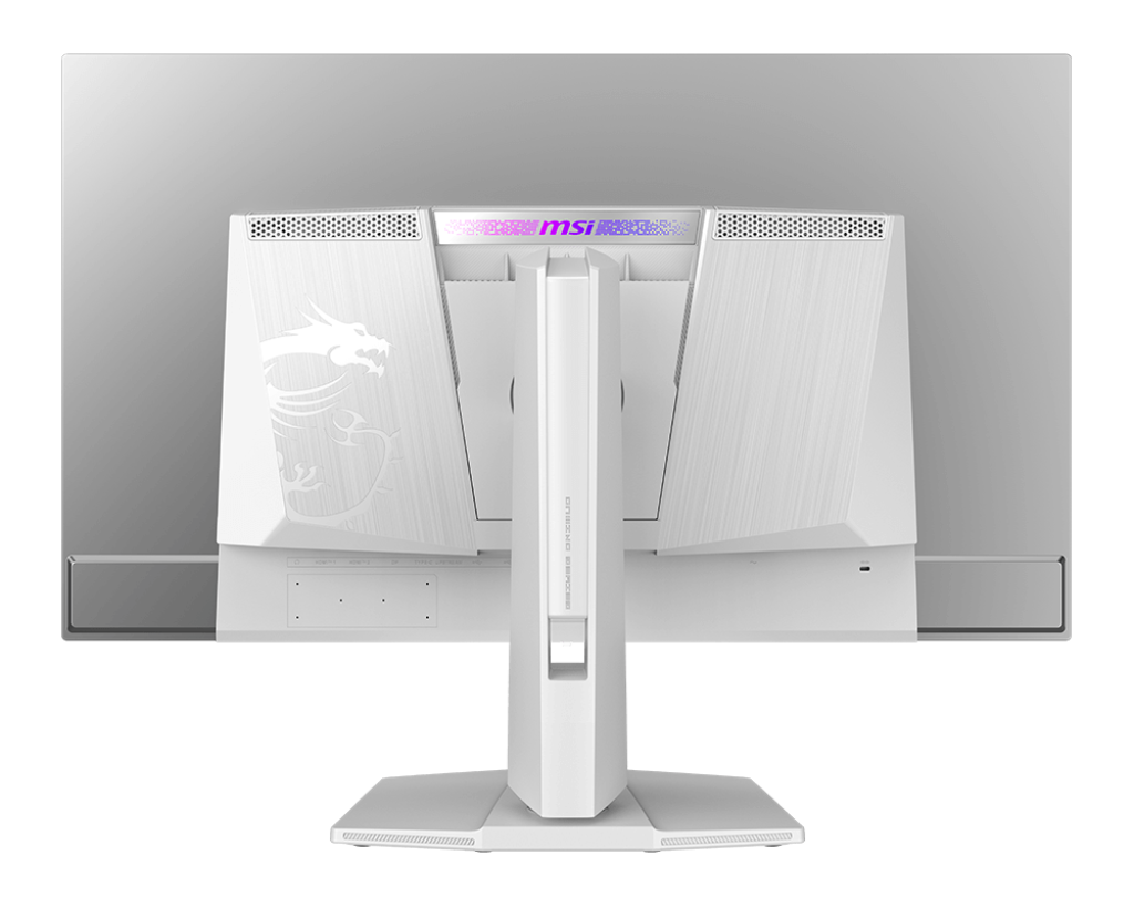 MSI MPG 321URXW QD-OLED white gaming monitor, rear view showing the white back panel and stand