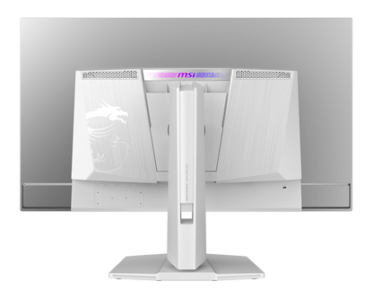 MSI MPG 321URXW QD-OLED white gaming monitor, rear view showing the white back panel and stand