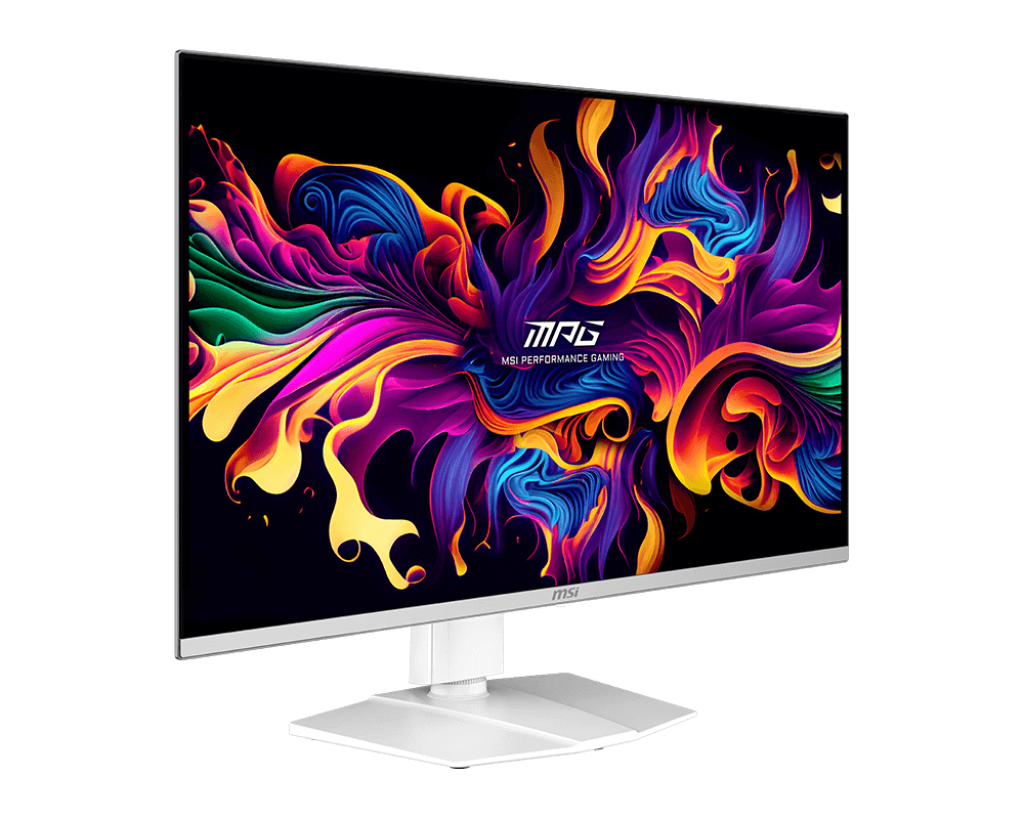 MSI MPG 321URXW QD-OLED white gaming monitor, straight-on front view with the screen on