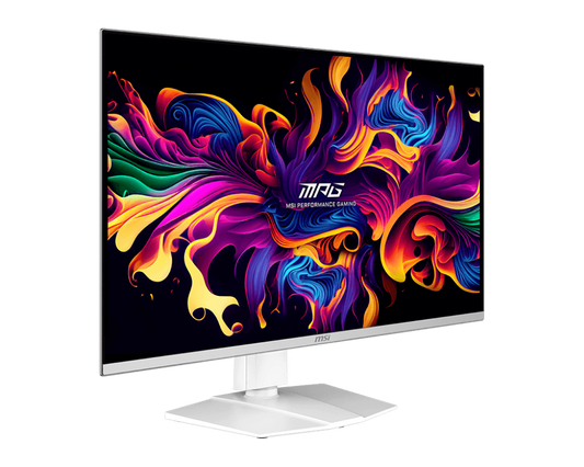 MSI MPG 321URXW QD-OLED white gaming monitor, straight-on front view with the screen on