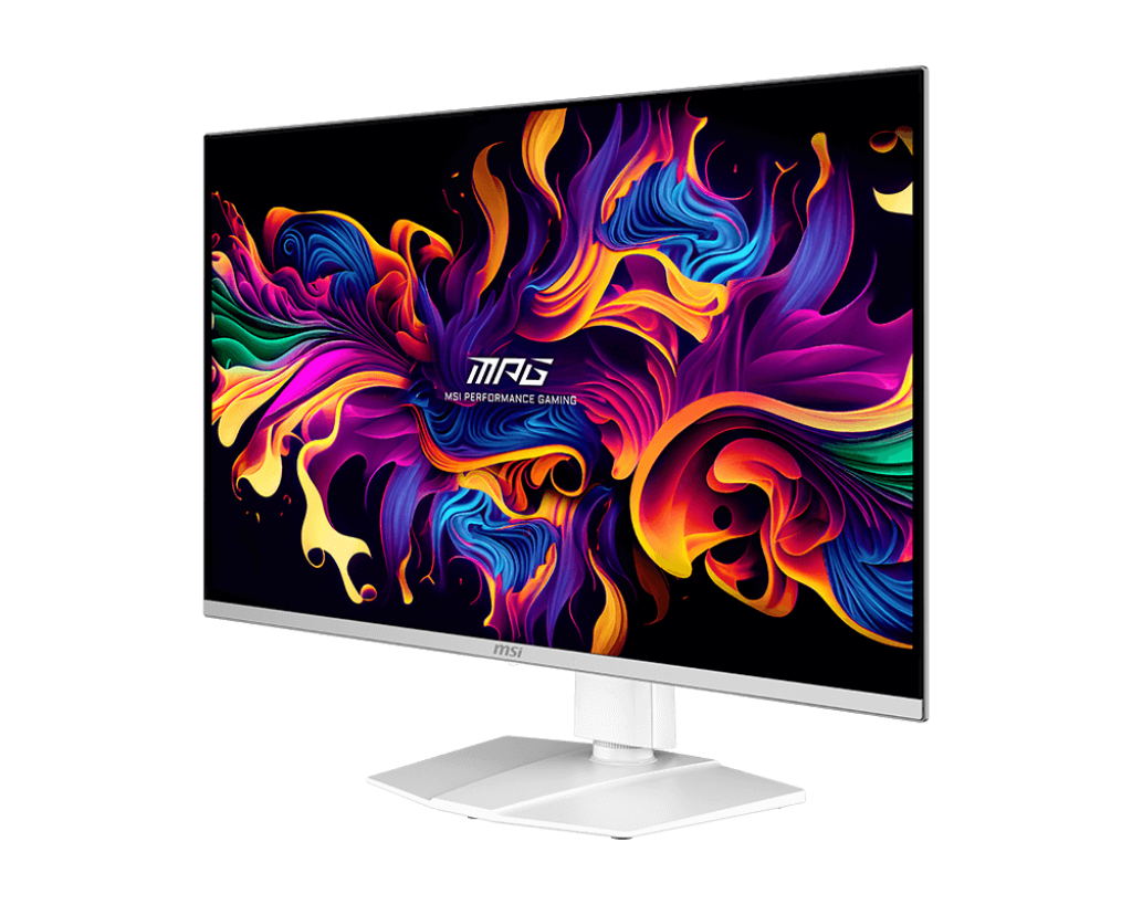 MSI MPG 321URXW QD-OLED white gaming monitor turned to a three-quarter angle, screen on