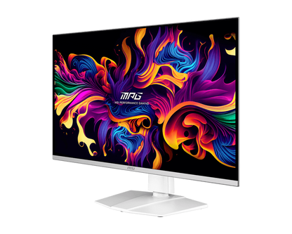 MSI MPG 321URXW QD-OLED white gaming monitor turned to a three-quarter angle, screen on