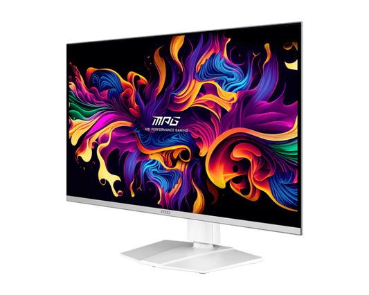 MSI MPG 321URXW QD-OLED white gaming monitor turned to a three-quarter angle, screen on