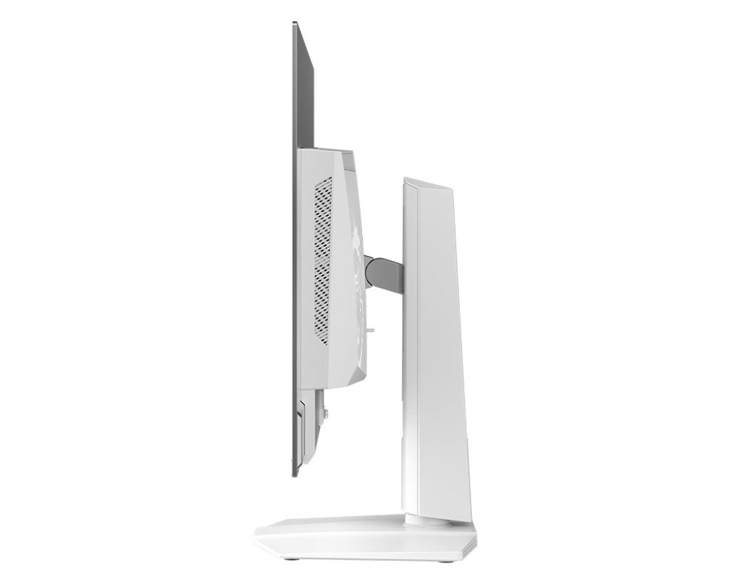 MSI MPG 321URXW QD-OLED white gaming monitor, side profile showing the slim panel