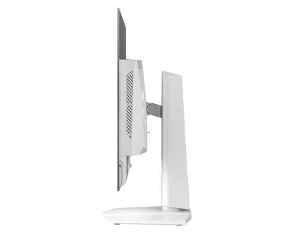 MSI MPG 321URXW QD-OLED white gaming monitor, side profile showing the slim panel