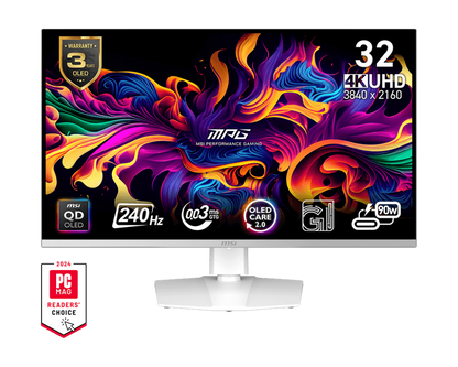 MSI MPG 321URXW QD-OLED white gaming monitor, front view with the 32 inch 4K UHD 240Hz specification badges