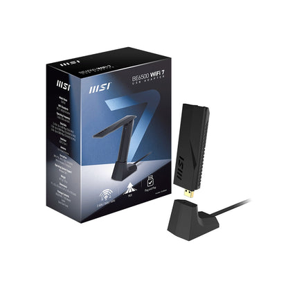 MSI BE6500 WiFi 7 USB adapter retail box with the adapter and cradle
