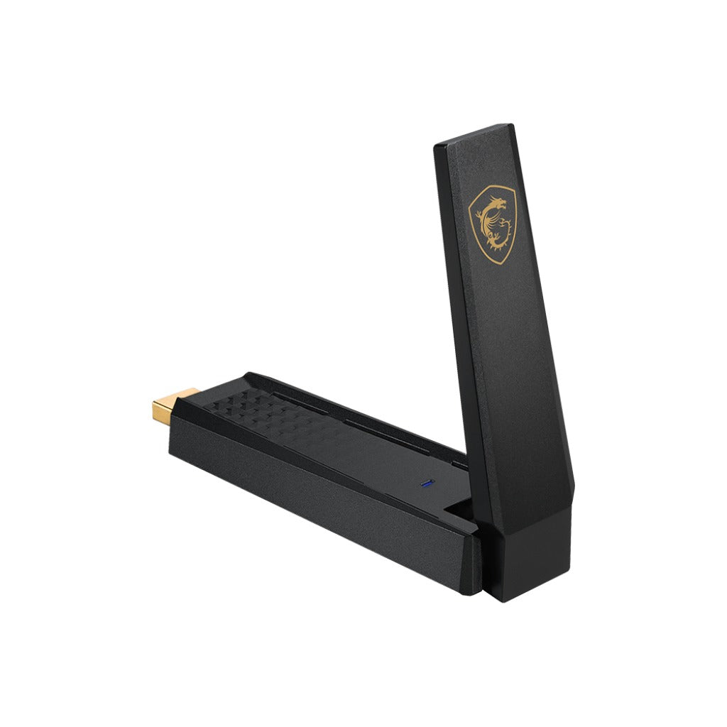 MSI AXE5400 WiFi 6E USB adapter - body with the high-gain antenna raised