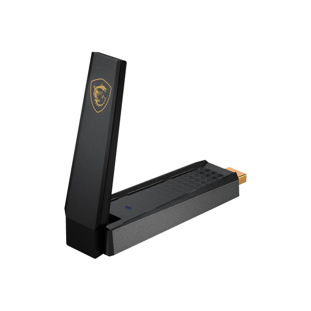 MSI AXE5400 WiFi 6E USB adapter - front view with the MSI dragon logo