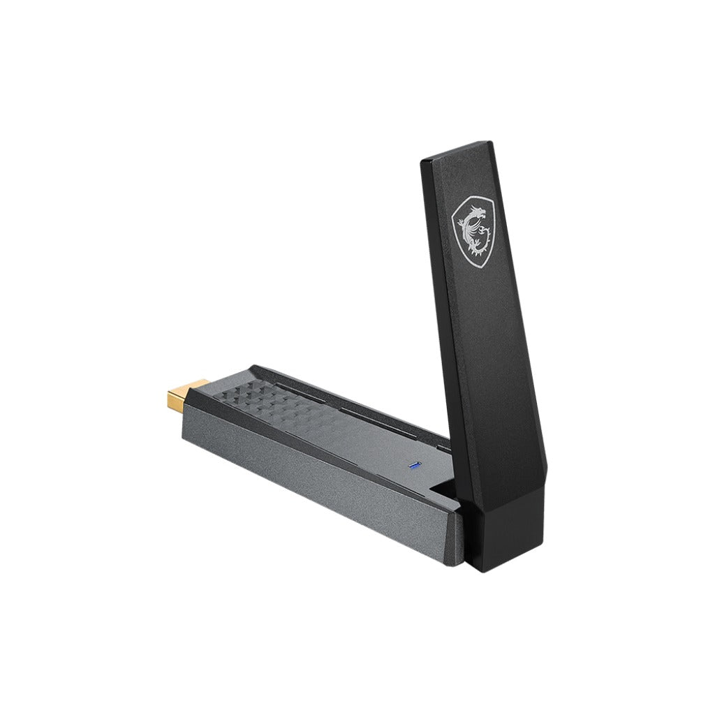 MSI AX1800 WiFi 6 USB adapter - body with the antenna raised and the USB connector visible