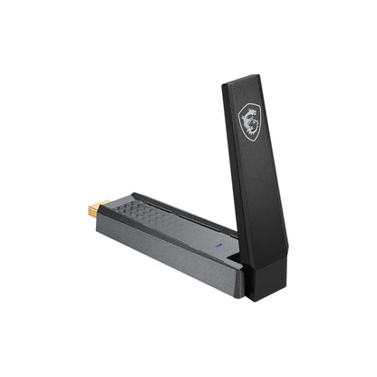 MSI AX1800 WiFi 6 USB adapter - body with the antenna raised and the USB connector visible