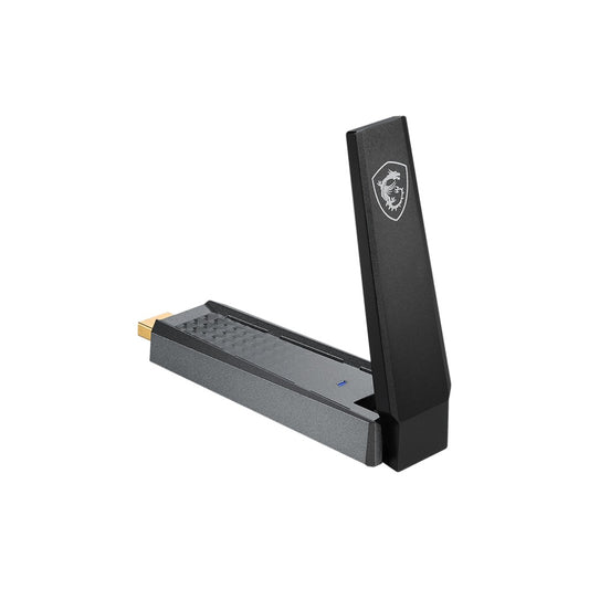 MSI AX1800 WiFi 6 USB adapter - body with the antenna raised and the USB connector visible