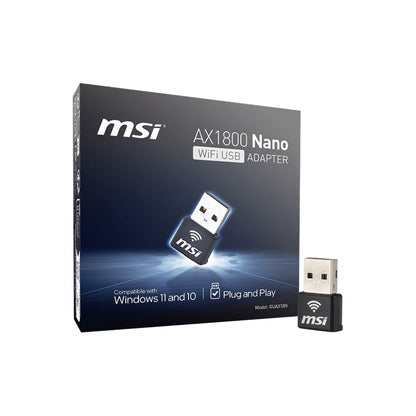 MSI AX1800 Nano WiFi 6 USB adapter retail box with the nano adapter