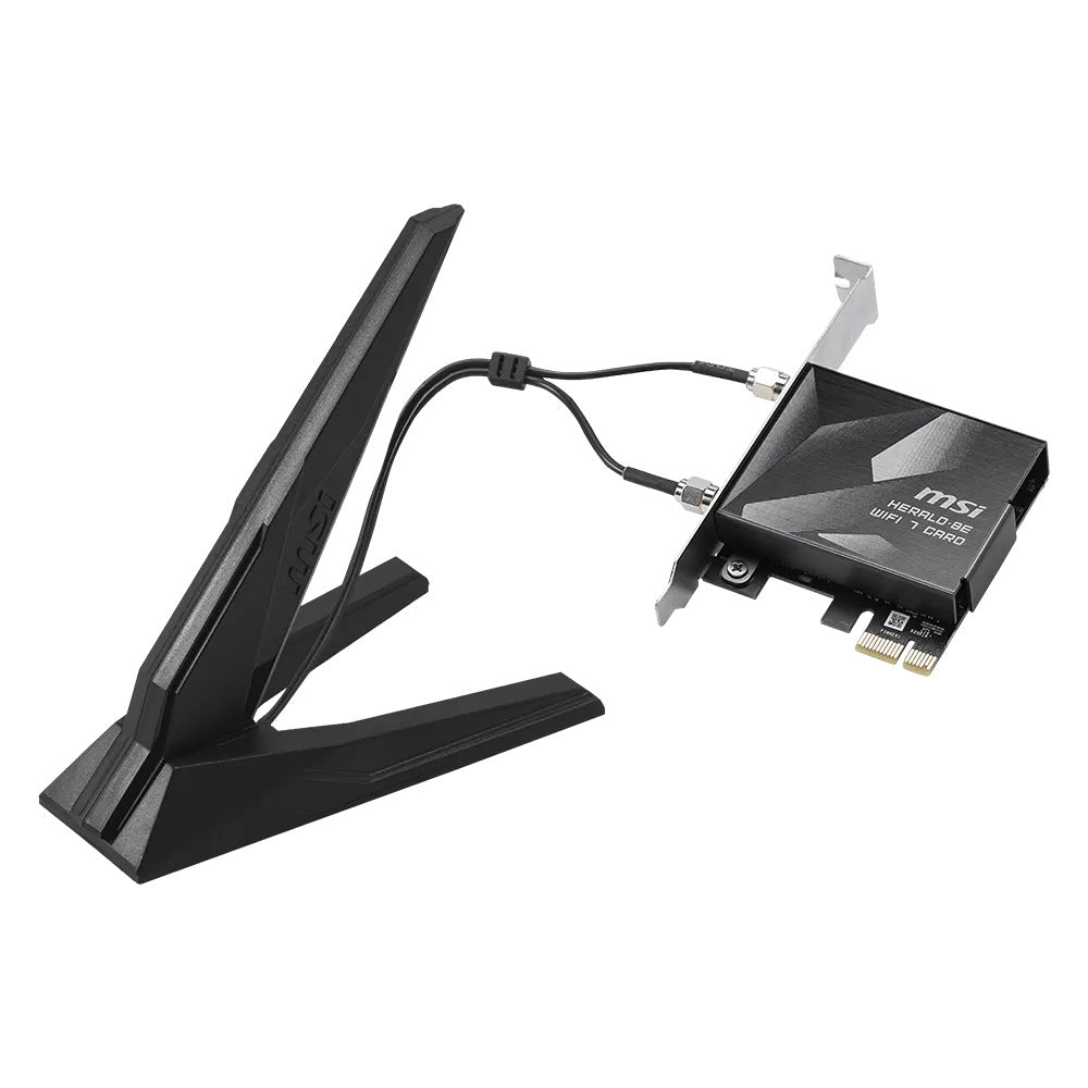 MSI HERALD BE9400 WiFi 7 PCIe card with the cable and the two antennas on their stand