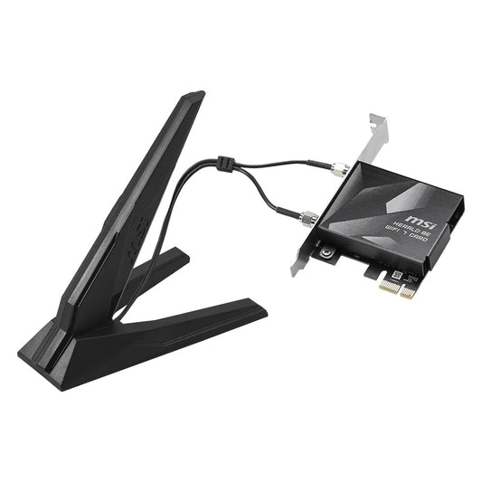 MSI HERALD BE9400 WiFi 7 PCIe card with the cable and the two antennas on their stand