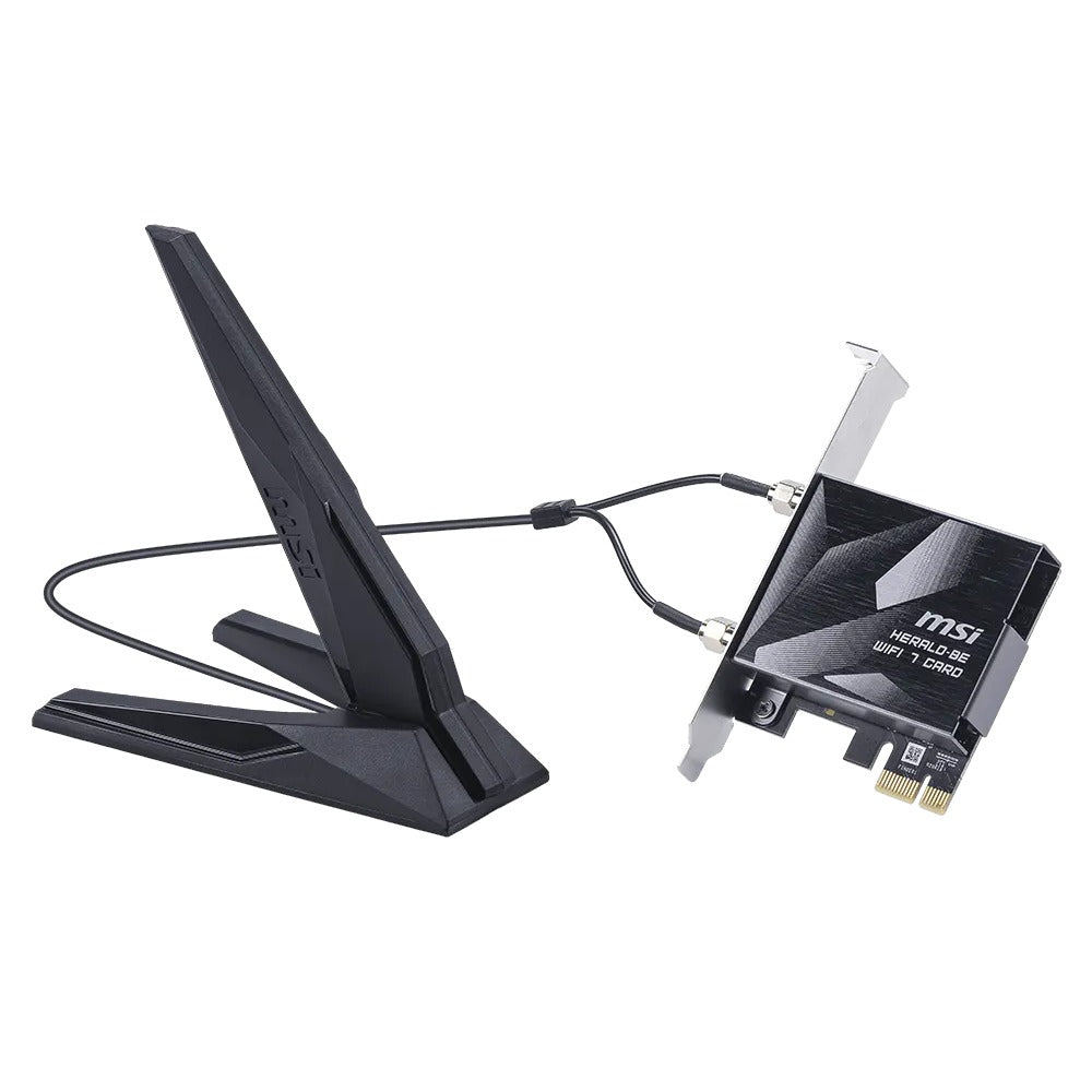 MSI HERALD BE9400 WiFi 7 PCIe card - angled view of the card, cable and antenna base
