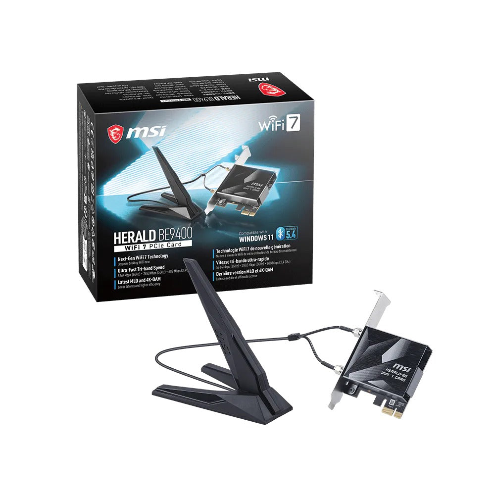 MSI HERALD BE9400 WiFi 7 PCIe card retail box with the card and antennas