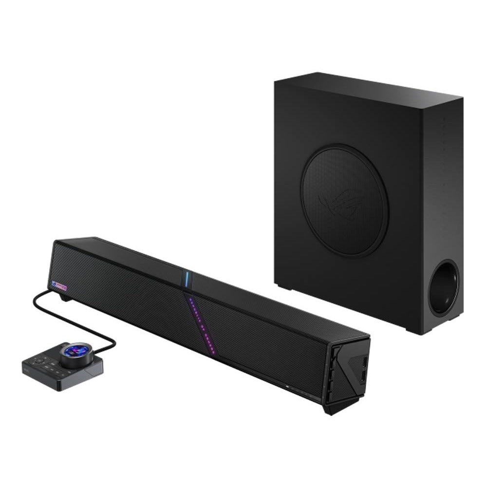 ASUS ROG Gjallar 2.1.2 soundbar with its subwoofer and control hub - three-quarter view