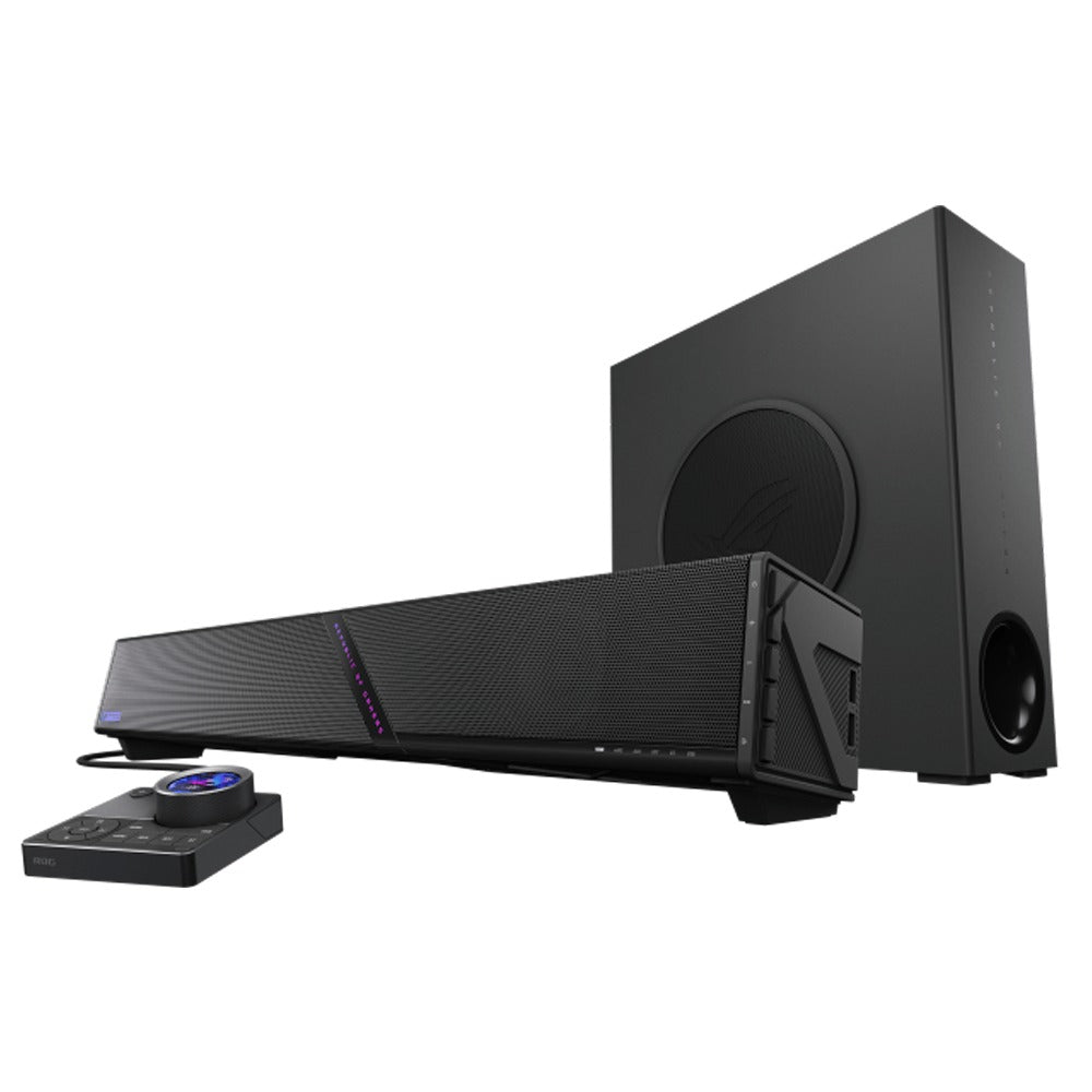ASUS ROG Gjallar soundbar, subwoofer and control hub - low three-quarter view