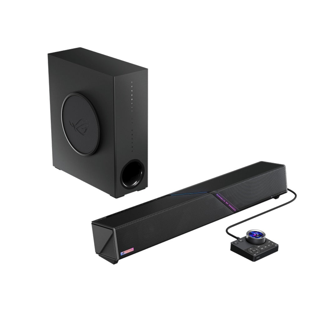 ASUS ROG Gjallar subwoofer and soundbar viewed from the rear with the control hub