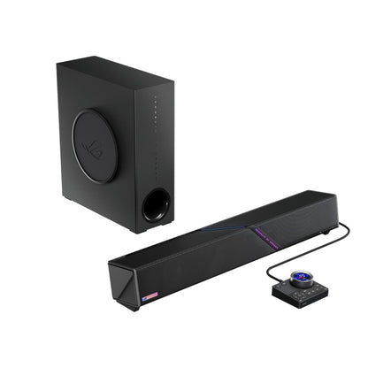 ASUS ROG Gjallar subwoofer and soundbar viewed from the rear with the control hub