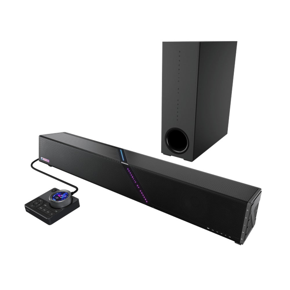 ASUS ROG Gjallar soundbar, subwoofer and control hub - alternate angle