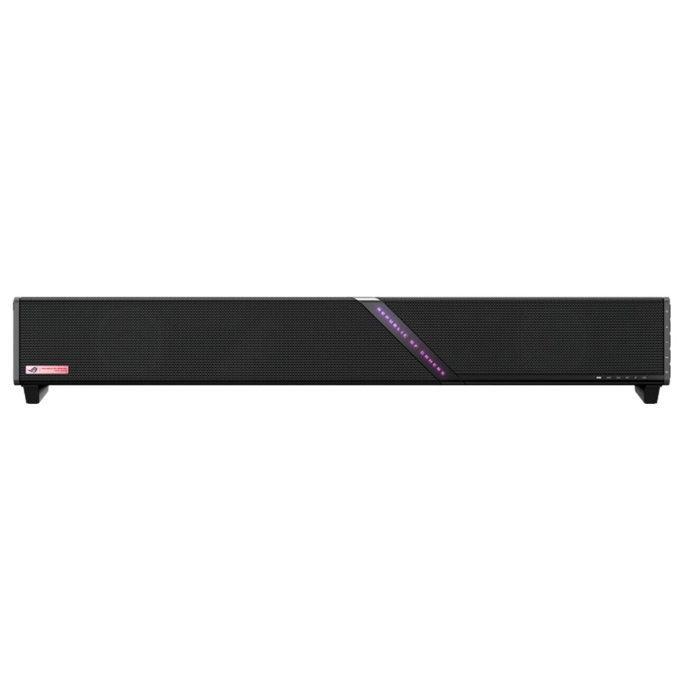 ASUS ROG Gjallar soundbar - front view showing the fabric grille and RGB light bar
