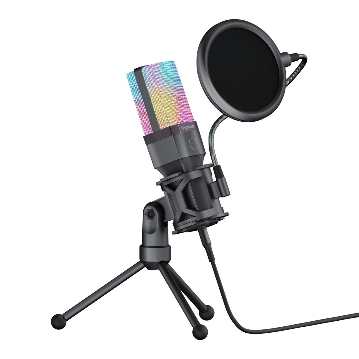 Simplecom UM650 USB condenser microphone shown at a three-quarter angle on its tripod stand