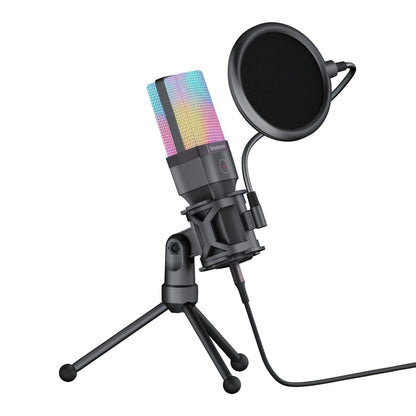Simplecom UM650 USB condenser microphone shown at a three-quarter angle on its tripod stand