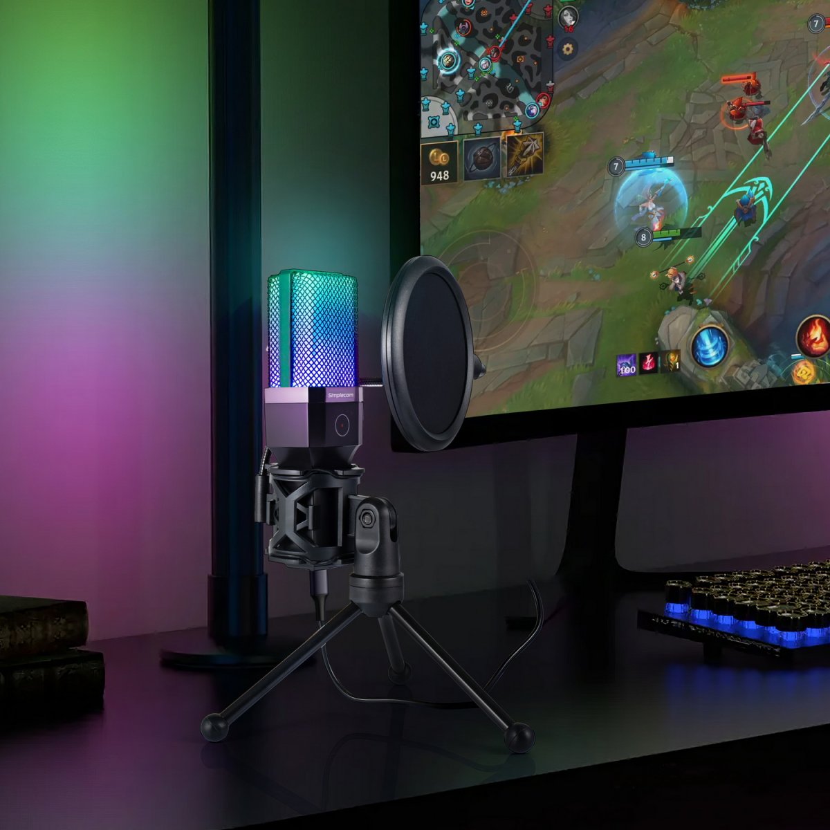 Simplecom UM650 USB condenser microphone lit with its breathing RGB effect on a gaming desk