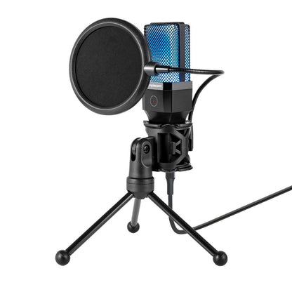 Simplecom UM650 USB condenser microphone straight on with the USB-A to USB-C adapter